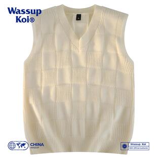 WASSUP KOI格子毛衣马甲男士高级感秋冬季无袖坎肩针织衫v领背心