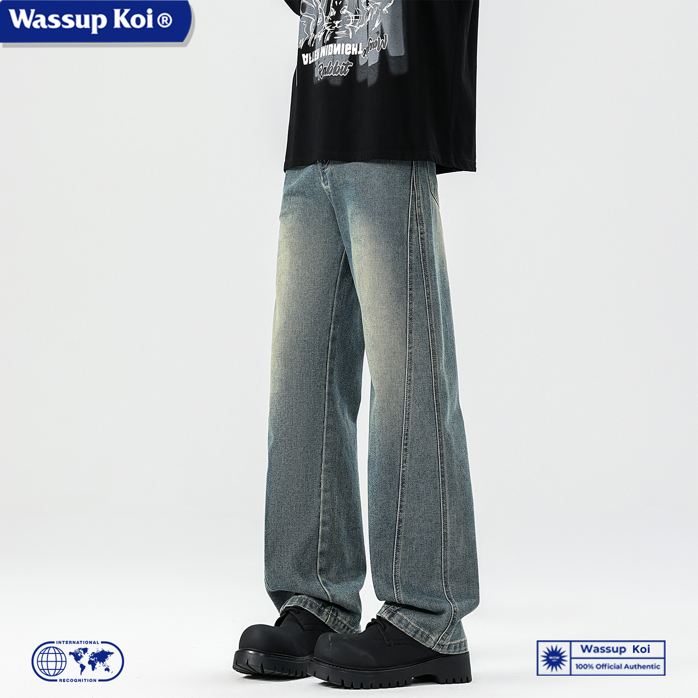 WASSUPKOI水洗复古直筒牛仔裤子