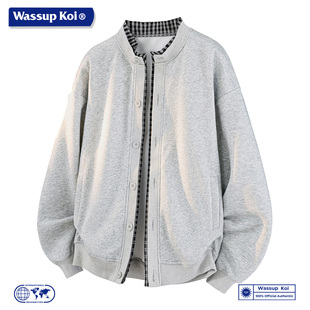 WASSUP KOI联名美式休闲风立领夹克男宽松假两件开衫外套上衣服男