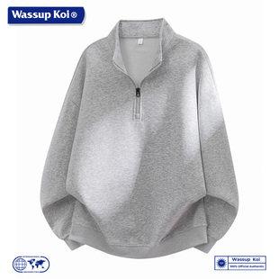 WASSUP KOI联名半拉链卫衣男潮牌宽松立领落肩袖休闲套头上衣服男