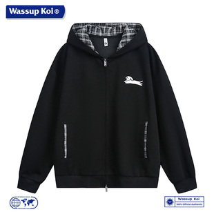 WASSUP KOI联名美式连帽拉链开衫男士格子拼接休闲外套上衣服男款