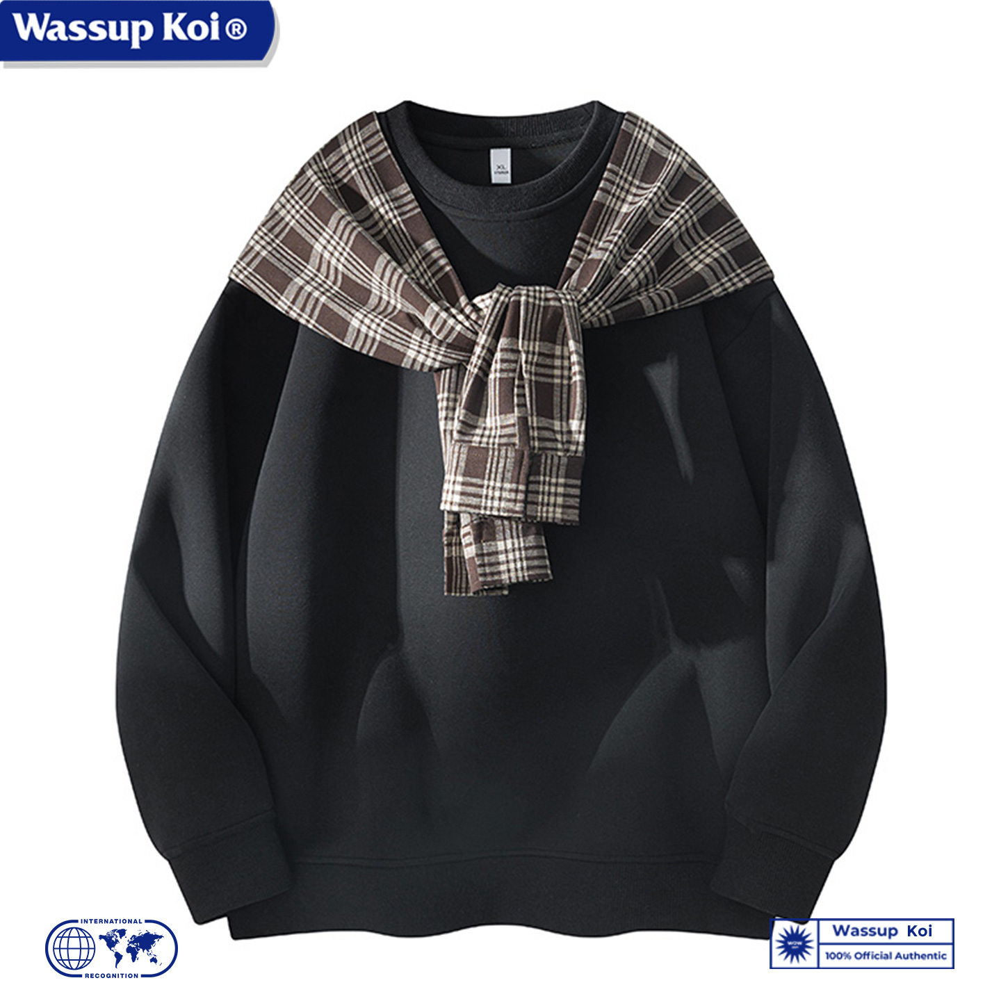 WASSUP KOI联名美式格纹披肩设计感卫衣秋季新款潮牌宽松圆领上衣