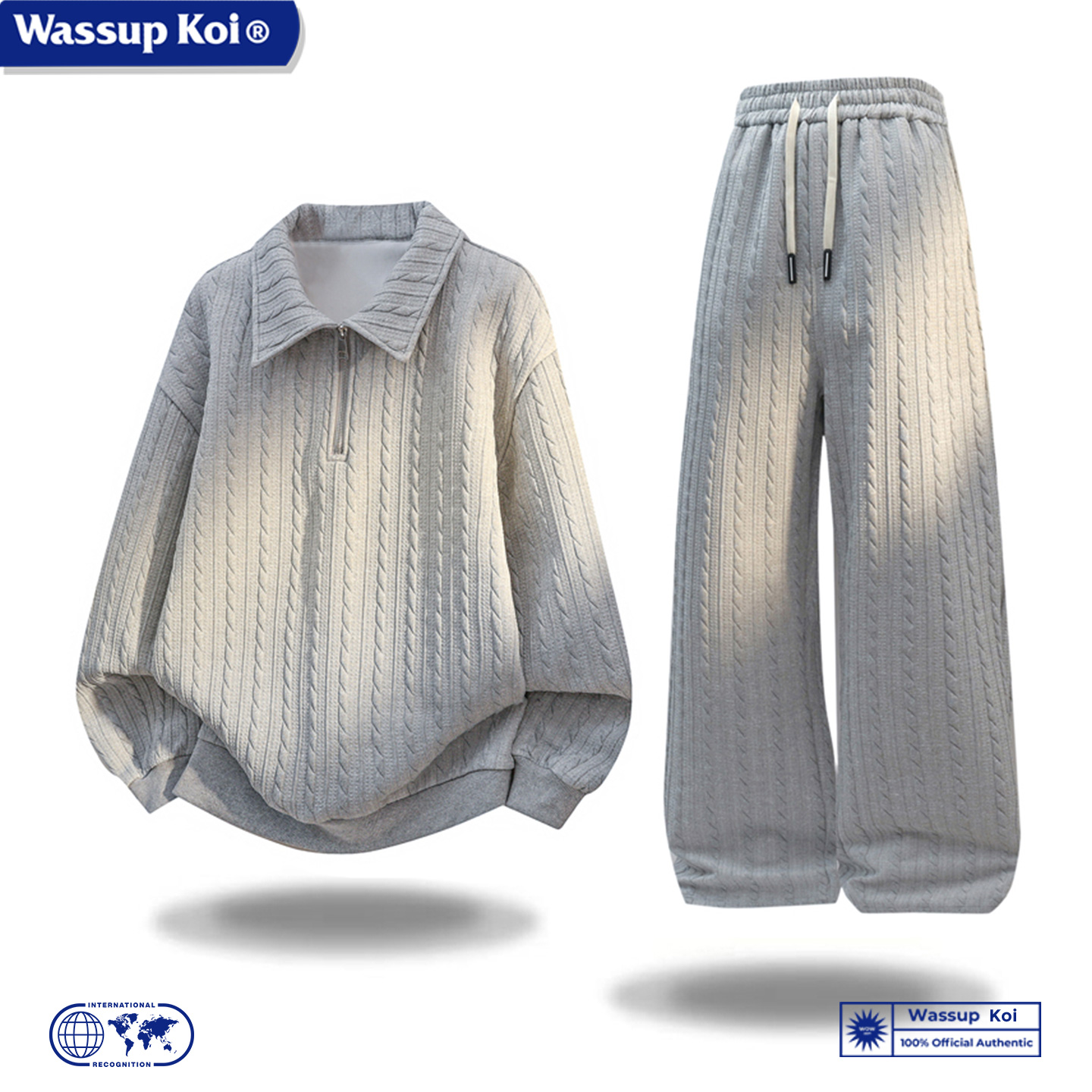 WASSUP KOI男士肌理感翻领卫衣长裤套装秋季宽松运动休闲两件套潮