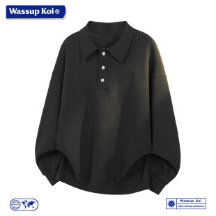 复古宽松百搭情侣翻领卫衣 男春季 WASSUP KOI肌理感纯色上衣POLO衫