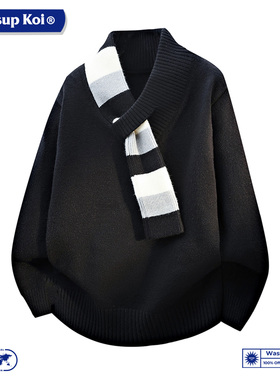 WASSUP KOI联名撞色V领毛衣男冬季保暖宽松休闲针织衫上衣服男款