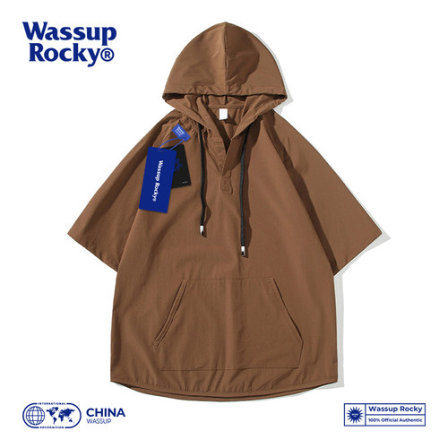 Wassup日系复古运动五分袖连帽衫