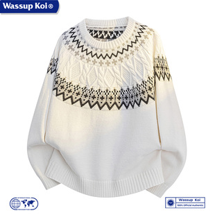 WASSUP KOI联名美式复古提花针织衫外套男女秋冬宽松民族风毛衣潮
