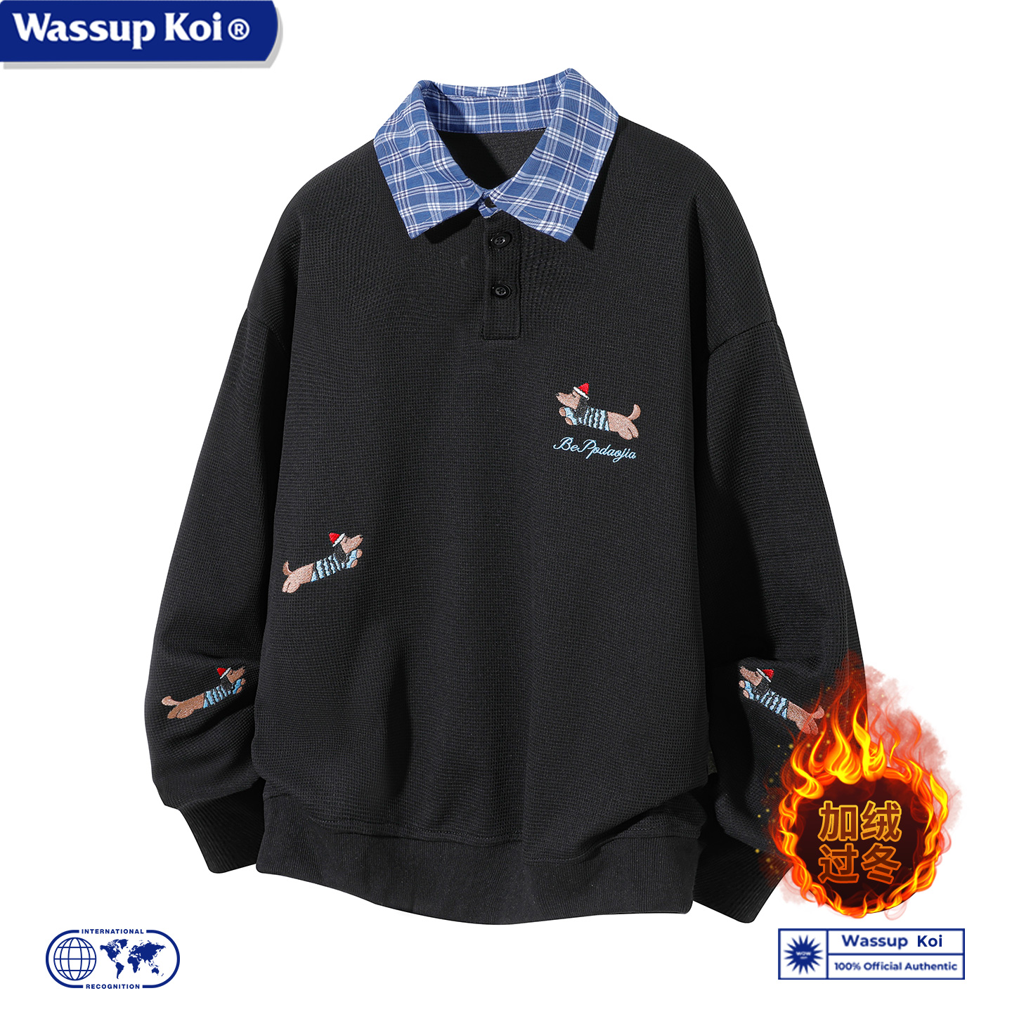 WASSUP秋季美式格子领长袖POLO衫