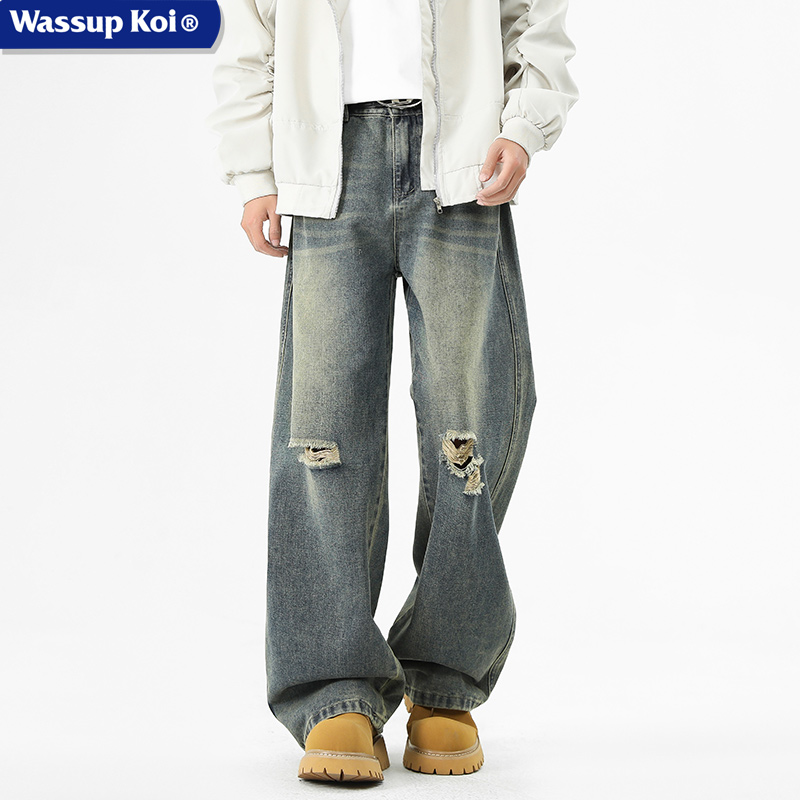 WASSUPKOI联名美式破洞牛仔裤子