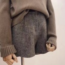 通勤加厚高腰靴裤 秋冬季 女外穿A字阔腿裤 条纹毛呢短裤 女咖色 大码