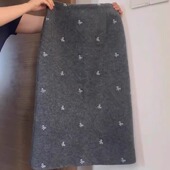 加厚刺绣毛呢半身裙秋冬梨形身材高腰A字气质直筒包臀中长裙灰色