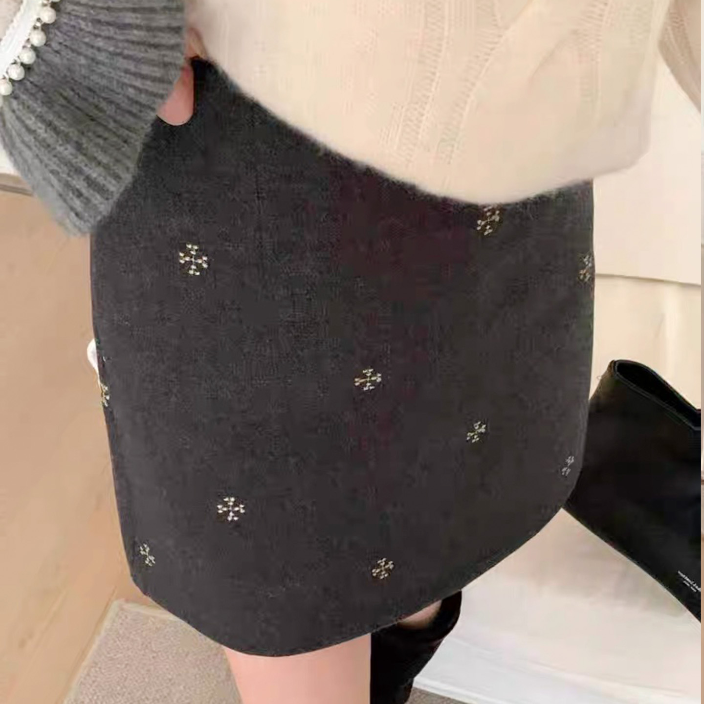 复古风刺绣小花高腰A字半身裙