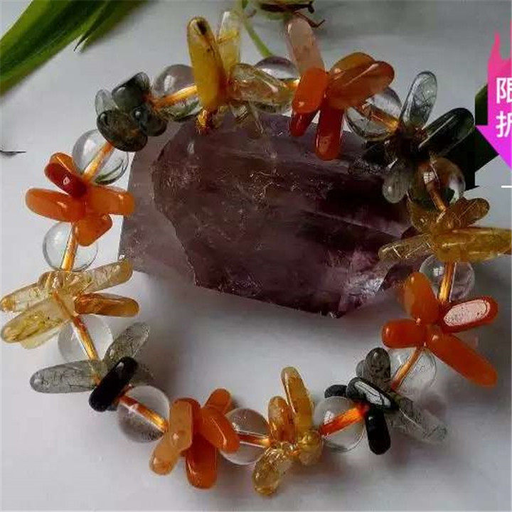 天然彩发晶戒面花手链红黄绿发丝水晶花瓣福禄寿手串靓女母亲老婆