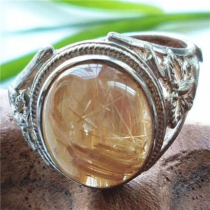 珍藏版巴西天然钛晶戒指925银镶送老婆女友金发丝水晶13MM活扣4克