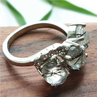 天然粗壮板状黑发晶戒指银饰镶嵌发丝水晶三个戒面7M时尚靓丽宝石