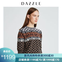 DAZZLE地素 2019秋装新款复古几何纹样圆领毛针织衫女2G3E4511N