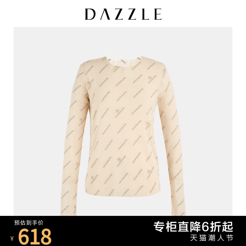 DAZZLE地素 秋装新款优雅土黄色圆领长袖蕾丝衫女2C1D5206L