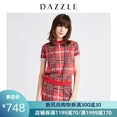 DAZZLE地素 2019夏装新款圆领短袖合体休闲格纹针织衫女2G2E3311H