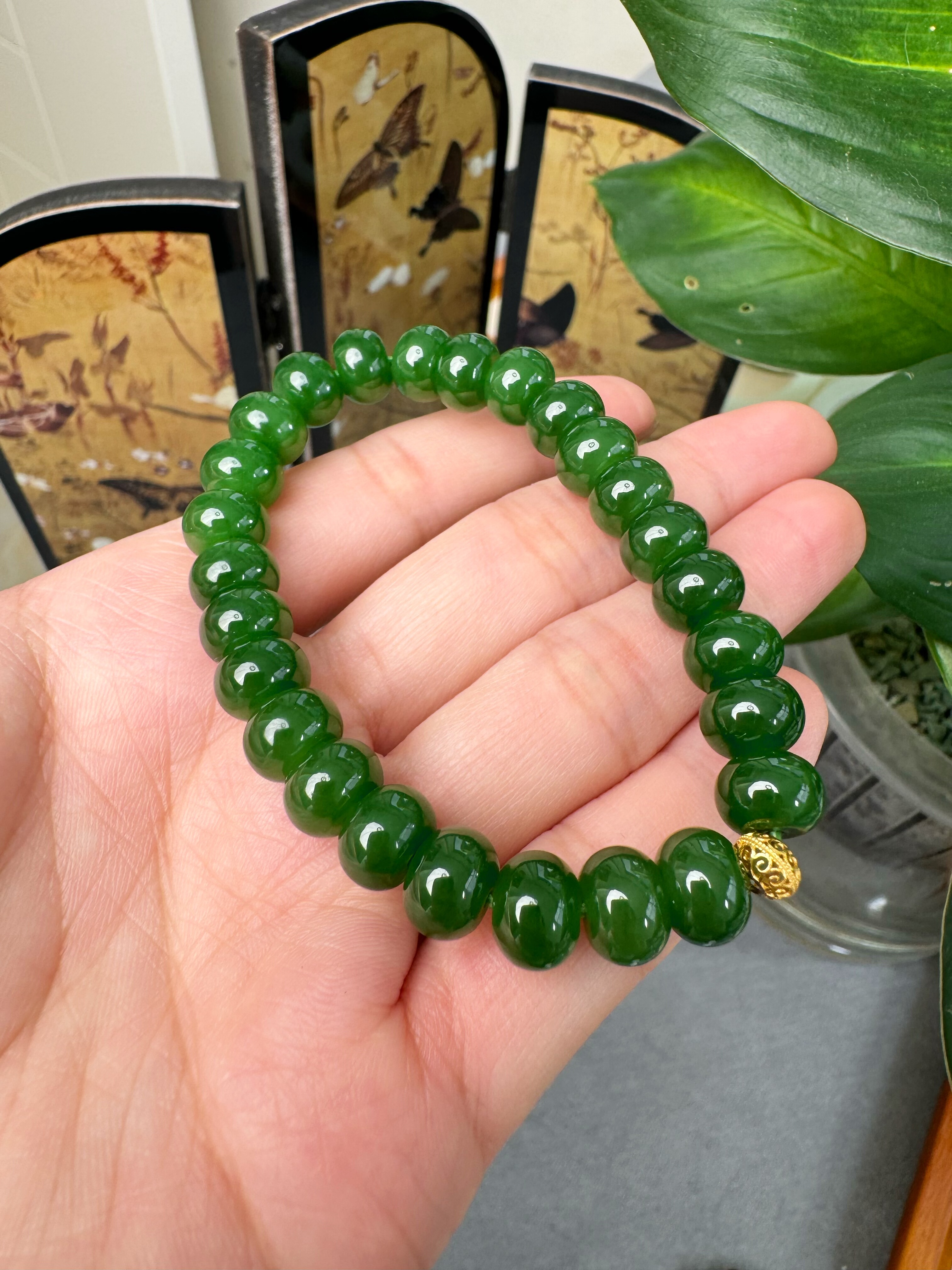 俄料碧玉手串菠菜绿卡6*9算盘珠辣绿手串配珠24k金带证书