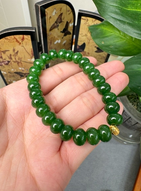 俄料碧玉手串菠菜绿卡6*9算盘珠辣绿手串配珠24k金带证书