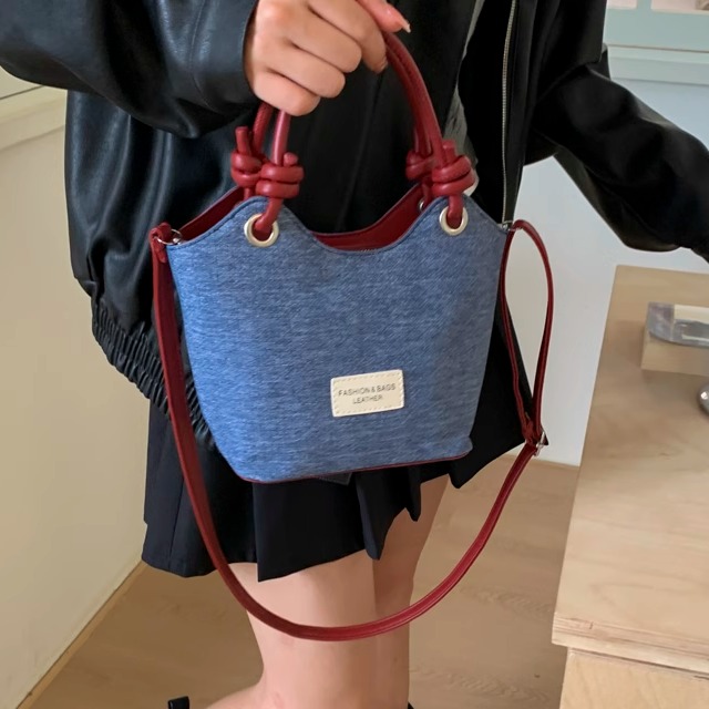 复古牛仔布手提菜篮子包水桶包