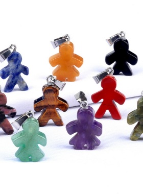 【茜茜珠饰】天然水晶玛瑙石人物吊坠男孩女孩DIY耳饰项链 18色