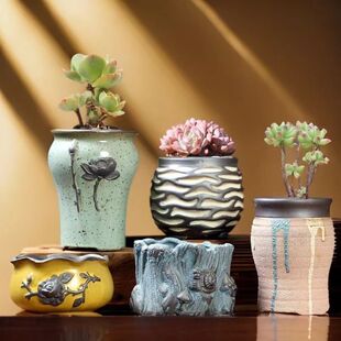 网红典雅套装多肉花盆陶瓷复古喷点素烧紫砂创意小花盆栽包邮清仓