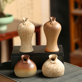 日式手工粗陶复古水培小花插迷你小花瓶粗陶小花器仿石陶瓷花器
