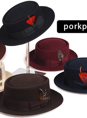 PorkPie秋冬季羊毛复古平顶街舞礼帽男女士小檐毡帽英伦爵士帽