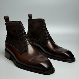 Swiscardin手工擦色切尔西男靴复古马丁靴头层牛皮系带男高帮皮鞋