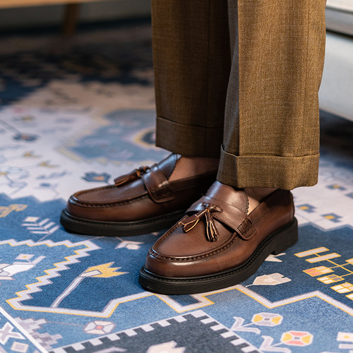 皮鞋真皮英伦夏季厚底流苏懒人鞋