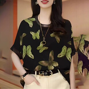 新款时尚玫瑰印花圆领打底衫大码女装遮肚减龄上衣T恤衫女夏季