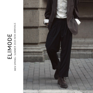 休闲裤 ELI 透气西裤 凉感真丝羊毛混纺牛角扣多褶宽松夏季 罗勒