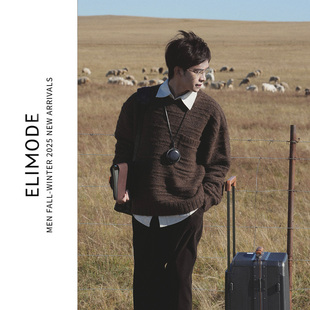 ELI 秋冬带贴袋羊毛混纺软糯休闲圆领套头内搭针织毛衣 牧马人