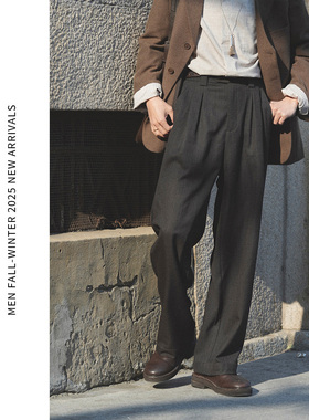 ELI【独树】四季款免烫双褶微阔通勤休闲透气暗条纹西裤直筒长裤