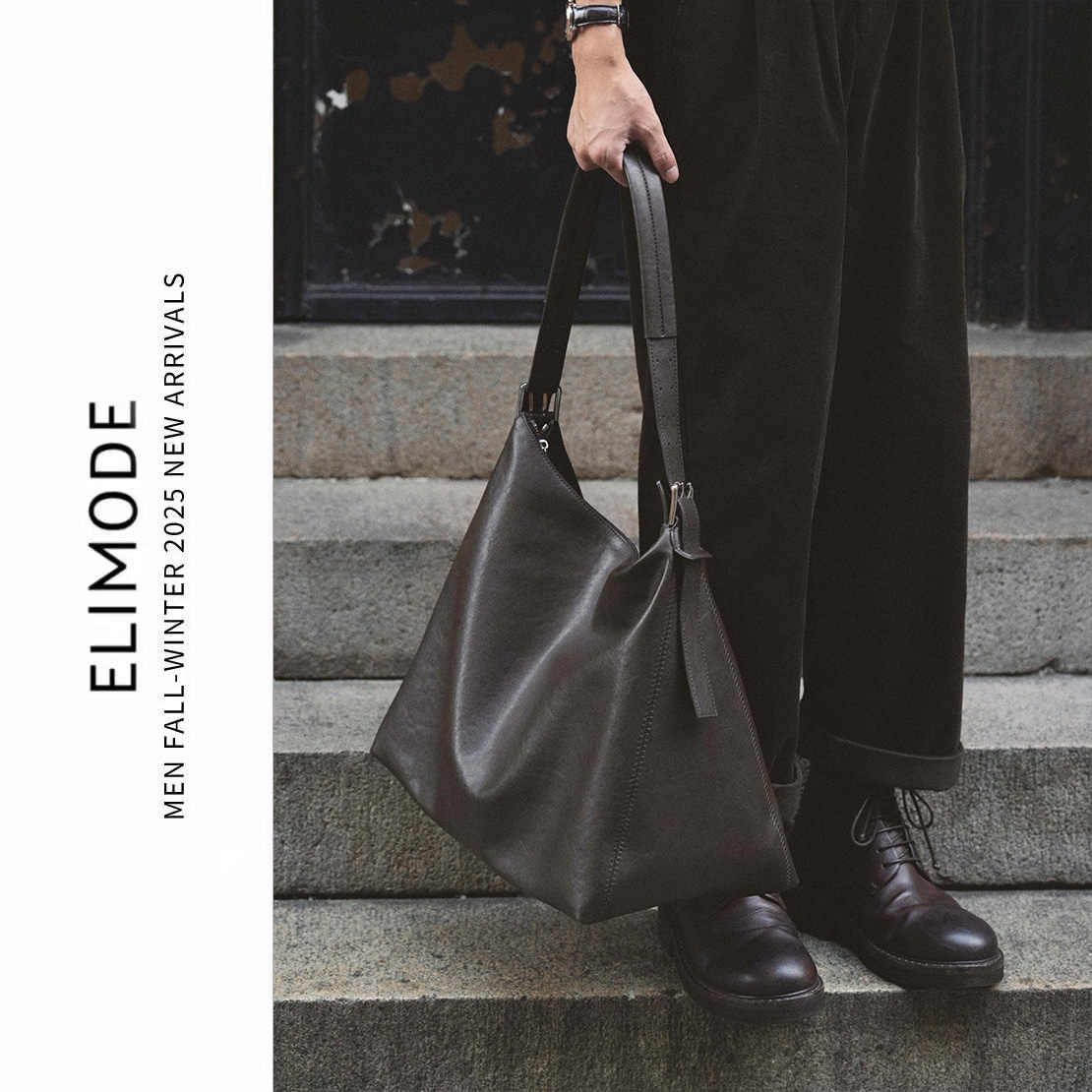 ELI【落木】植鞣头层牛皮黑巧棕单肩斜挎大容量软包BELTED HOBO包