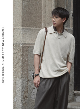 Eli【柏蔻】法式翻领老钱风亚麻针织轻薄POLO衫男夏季休闲短袖t恤