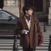 ELI 秋冬 羊毛双面尼夹克外套2024 丹麦布朗 翻领双排扣贴袋短款