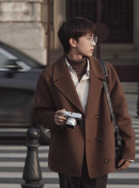 ELI【丹麦布朗】翻领双排扣贴袋短款羊毛双面尼夹克外套2024/秋冬