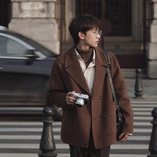 羊毛双面尼夹克外套2024 翻领双排扣贴袋短款 秋冬 丹麦布朗 ELI