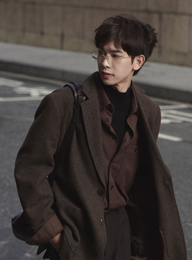 ELI【暮光之城】复古英伦松弛感平驳领单排扣格纹厚羊毛西装外套