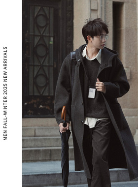 ELI【冬序】冬季绵羊毛混纺慵懒感麋鹿棕连帽中长款双面毛呢大衣