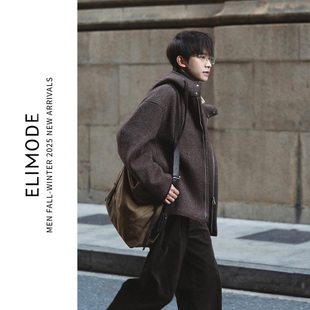 连帽双面毛呢夹克外套冬季 羊驼毛混纺学院风拉链款 男 牧歌 ELI