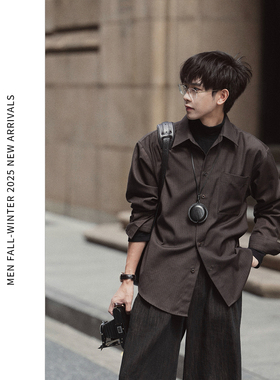 ELI【德牧】可机洗抗皱羊毛混纺复古栗棕条纹长袖衬衫休闲衬衣冬