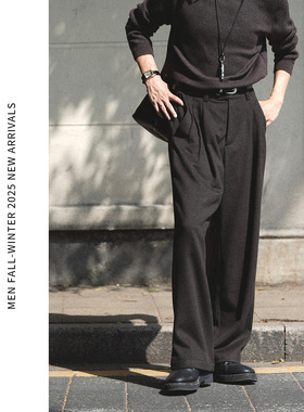 ELI【苏维大道】人字纹羊毛混纺双股纱线半里衬设计毛呢西裤长裤