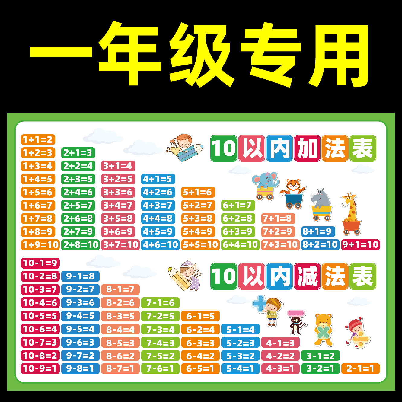 十以内加法减法口算学习表