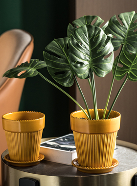 出口北欧复古陶瓷花盆黄色高级感龟背竹兰花室内绿植阳台专用套盆