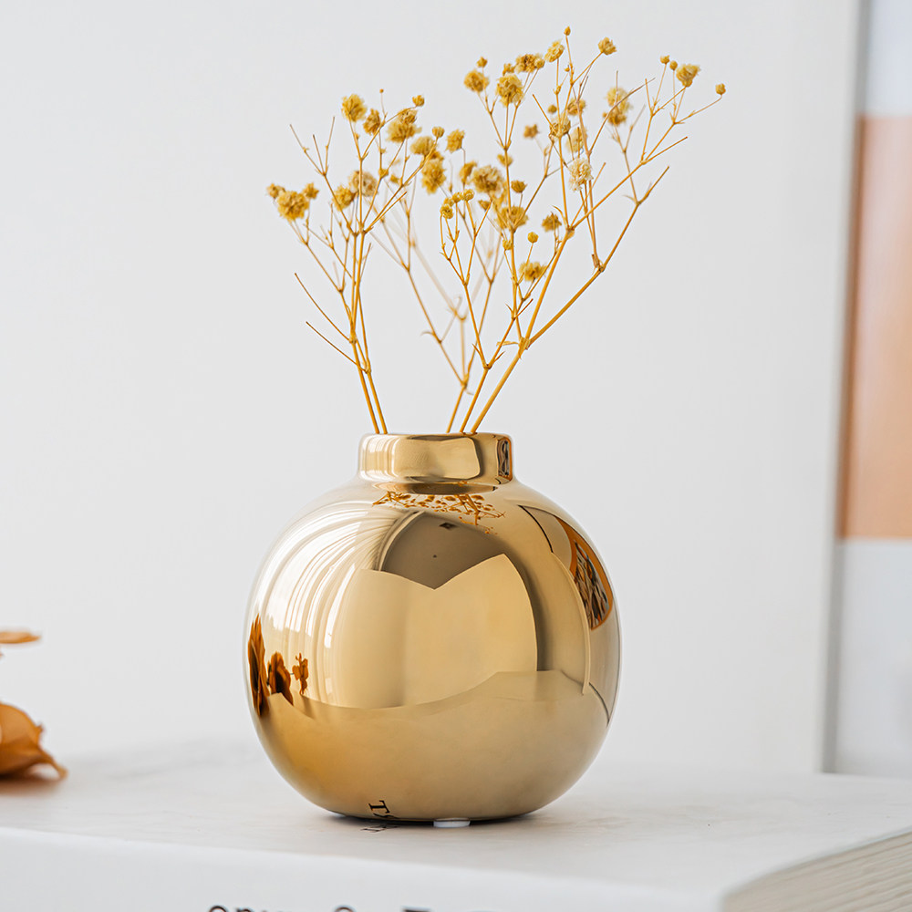 轻奢金色小花瓶圆球形创意陶瓷小口径客厅插花鲜花装饰玫瑰花水培,家居饰品,花瓶,淘宝优惠券,粉丝福利购,淘宝优惠卷