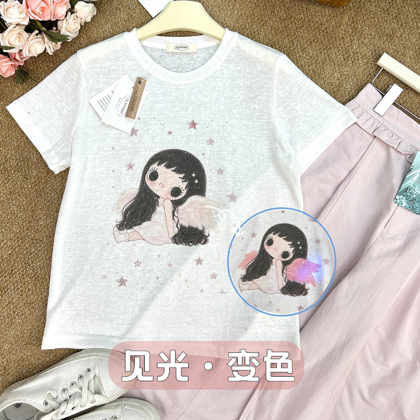 刘以燃紫外线光感天使翅膀小玉韩版短袖T恤女白色显瘦百搭上衣女t图片