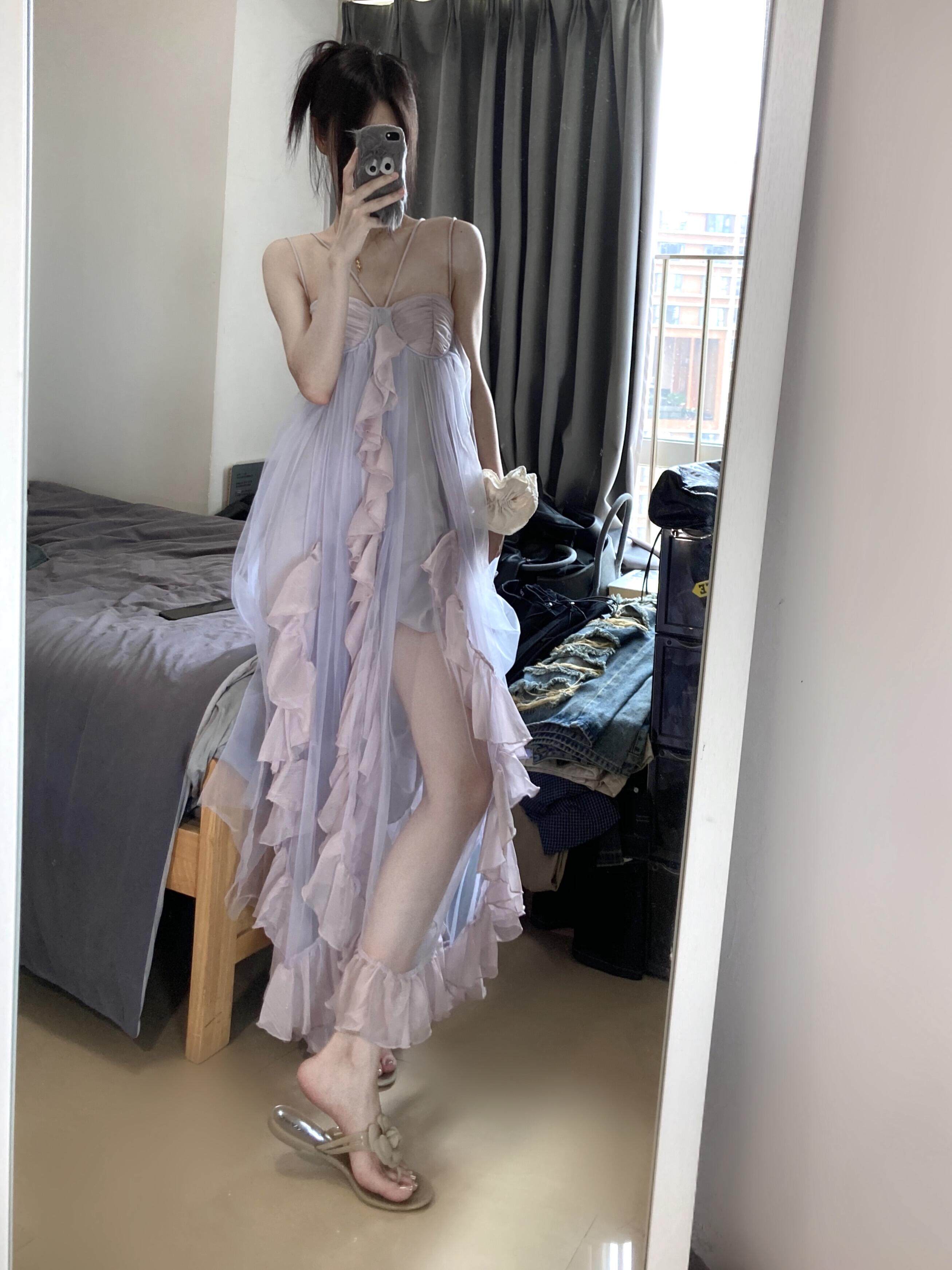 少女的梦氛围感的之神荷叶边雪纺吊带连衣裙女夏季度假长裙仙女裙